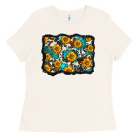 Cowhide  Turquoise Sunflowers Pattern Olivia Ladies Tee | Teevron