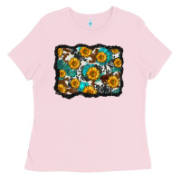 Bubblegum Pink cowhide  turquoise sunflowers pattern olivia Ladies Tee - OliviaCreatesArt