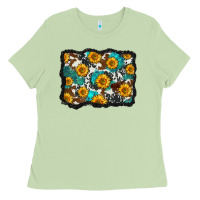 Matcha cowhide  turquoise sunflowers pattern olivia Ladies Tee - OliviaCreatesArt