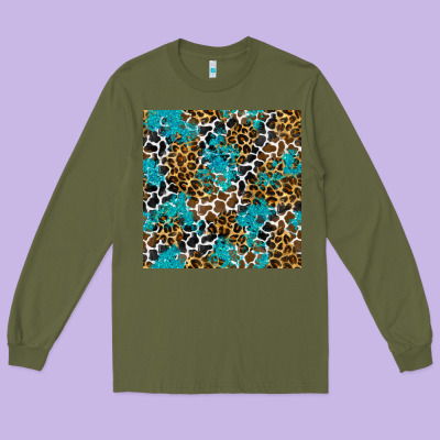 Turquoise Glitter Cowhide Leopard Seamless Pattern Long Sleeve Tee Designed By Bundleandbundleshop