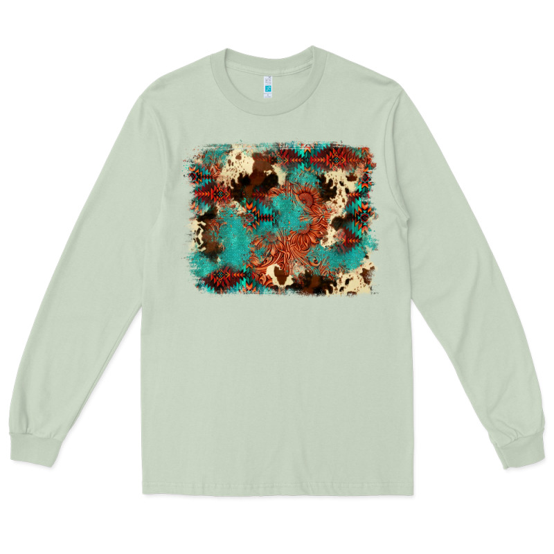 Aztec Turquoise Glitter Cowhide  Tooled Leather Ba Long Sleeve Tee by FaDigitalArtStudio | Teevron