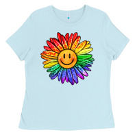 Baby Blue rainbow smiley face sunflower Ladies Tee - OliviaCreatesArt