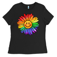Black rainbow smiley face sunflower Ladies Tee - OliviaCreatesArt