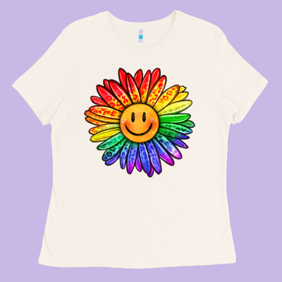 Rainbow Smiley Face Sunflower Ladies Tee Designed By Oliviacreatesart