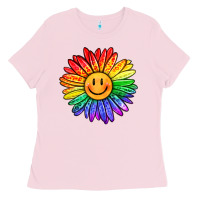 Bubblegum Pink rainbow smiley face sunflower Ladies Tee - OliviaCreatesArt