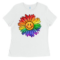 White rainbow smiley face sunflower Ladies Tee - OliviaCreatesArt