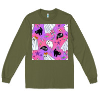 Army Green cute ghost halloween seamless pattern Long Sleeve Tee - BundleAndBundleShop