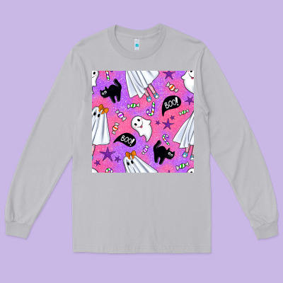 Cute Ghost Halloween Seamless Pattern Long Sleeve Tee Designed By Bundleandbundleshop