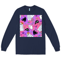 Navy cute ghost halloween seamless pattern Long Sleeve Tee - BundleAndBundleShop
