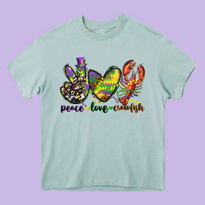 Peace Love Crawfish Mardi Gras Heavy Core Tee Designed By Cowgirlartshop
