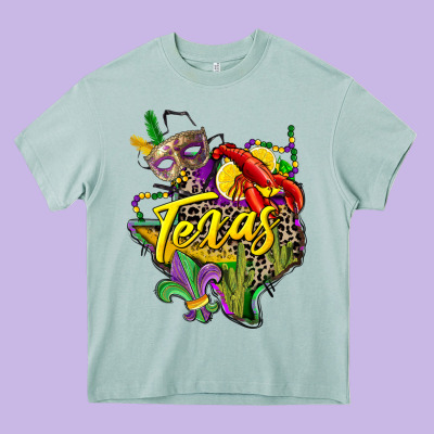 Texas Map Mardi Gras Heavy Core Tee Designed By Cowgirlartshop
