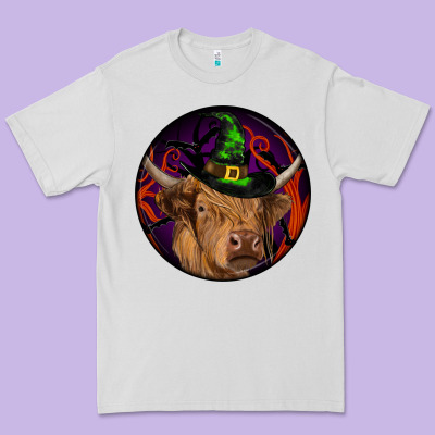 Halloween Highland Cow Round Premium Tee Designed By Ranaportraitstore