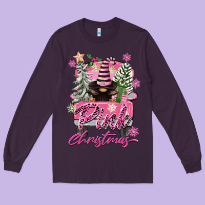 Pink Christmas Truck Gnome Long Sleeve Tee Designed By Fadigitalartstudio