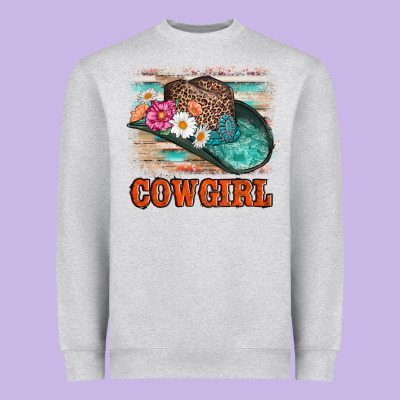 Cowgirl Hat Flowers Leopard And  Leather Heavyweight Sweatshirt Designed By Adodesignshop