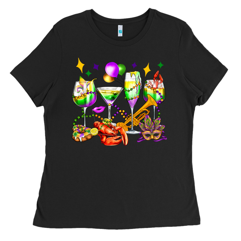 Mardi Gras Wine Glasses Olivia Ladies Tee by OliviaCreatesArt | Teevron