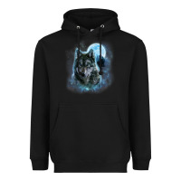 Black t shirt, grey wolf hunting ground, icy moon, forest, galaxy Heavyweight Hoodie - linhVisuals