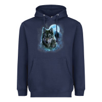 Navy t shirt, grey wolf hunting ground, icy moon, forest, galaxy Heavyweight Hoodie - linhVisuals