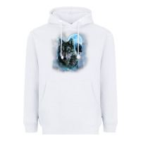 White t shirt, grey wolf hunting ground, icy moon, forest, galaxy Heavyweight Hoodie - linhVisuals