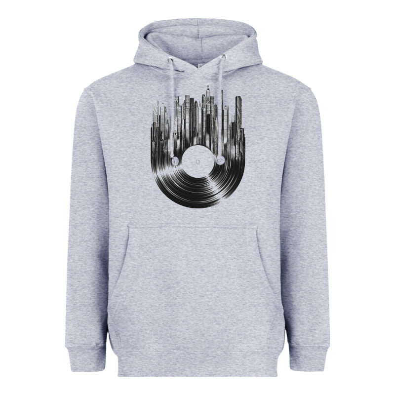Vinyl Record Cityscape Heavyweight Hoodie by linhVisuals | Teevron