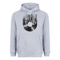 Heather Grey vinyl record cityscape Heavyweight Hoodie - linhVisuals