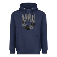 Navy vinyl record cityscape Heavyweight Hoodie - linhVisuals