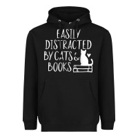 Black easily distracted by cats and books   cute book lover t shirt Heavyweight Hoodie - linhVisuals