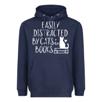 Navy easily distracted by cats and books   cute book lover t shirt Heavyweight Hoodie - linhVisuals