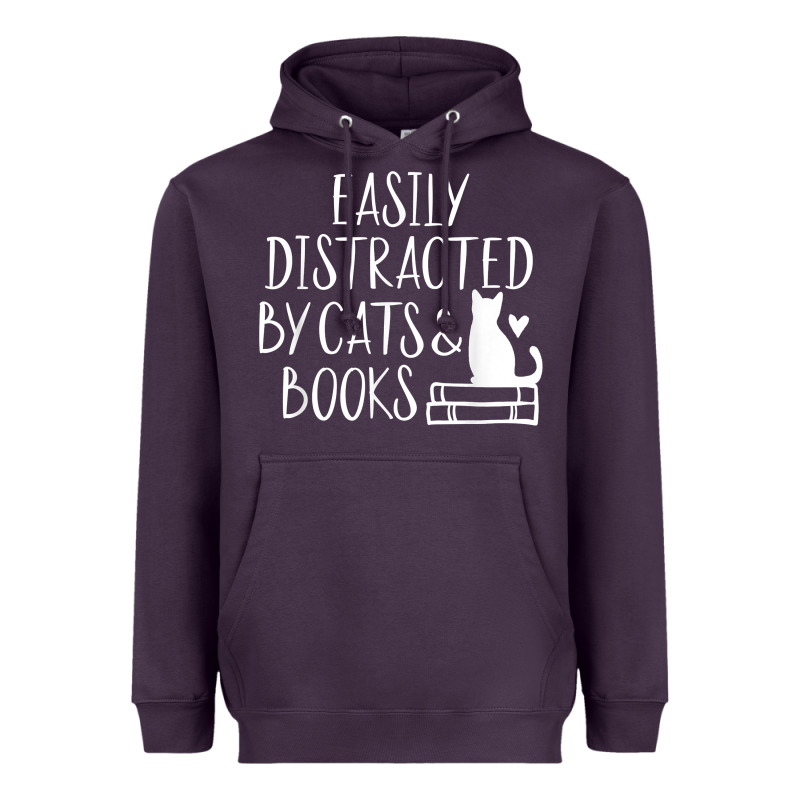 Easily Distracted By Cats And Books   Cute Book Lover T Shirt Heavyweight Hoodie by linhVisuals | Teevron