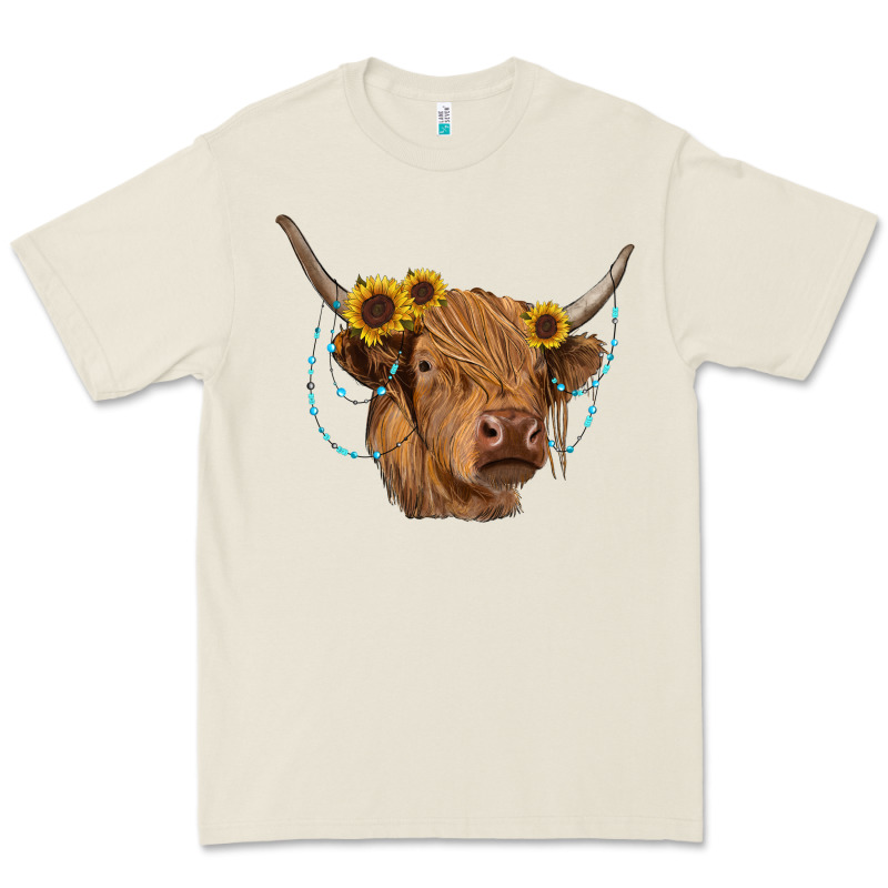 Highland Cow With Sunflowers Turquoise Premium Tee by RanaPortraitStore | Teevron