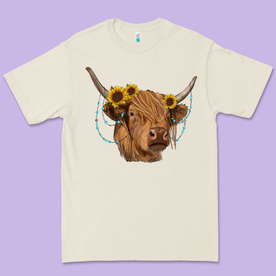 Highland Cow With Sunflowers Turquoise Premium Tee Designed By Ranaportraitstore