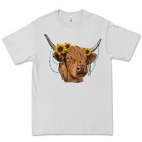 Dove Grey highland cow with sunflowers turquoise Premium Tee - RanaPortraitStore