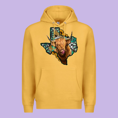 Texas Map Highland Cow Premium Hoodie Designed By Jasminsmagicworld