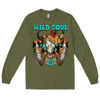 Army Green Wild Soul Bull Skull Long Sleeve Tee - FaDigitalArtStudio