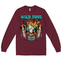 Burgundy Wild Soul Bull Skull Long Sleeve Tee - FaDigitalArtStudio