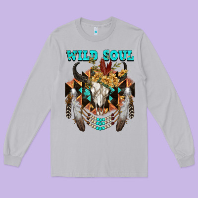 Wild Soul Bull Skull Long Sleeve Tee Designed By Fadigitalartstudio