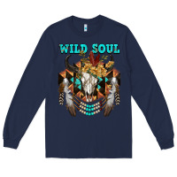 Navy Wild Soul Bull Skull Long Sleeve Tee - FaDigitalArtStudio