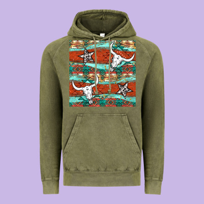 Western Aztec Bull Skull Stars Seamless Pattern Vintage Hoodie Designed By Bundleandbundleshop