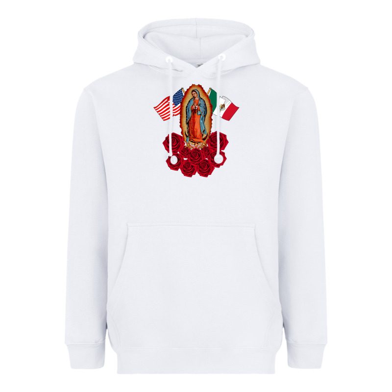 Our Lady Virgen De Guadalupe Mexican American Flag Holiday Heavyweight Hoodie by linhVisuals | Teevron