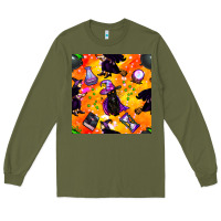 Army Green halloween cat and witch seamless pattern Long Sleeve Tee - BundleAndBundleShop