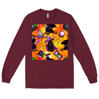 Burgundy halloween cat and witch seamless pattern Long Sleeve Tee - BundleAndBundleShop