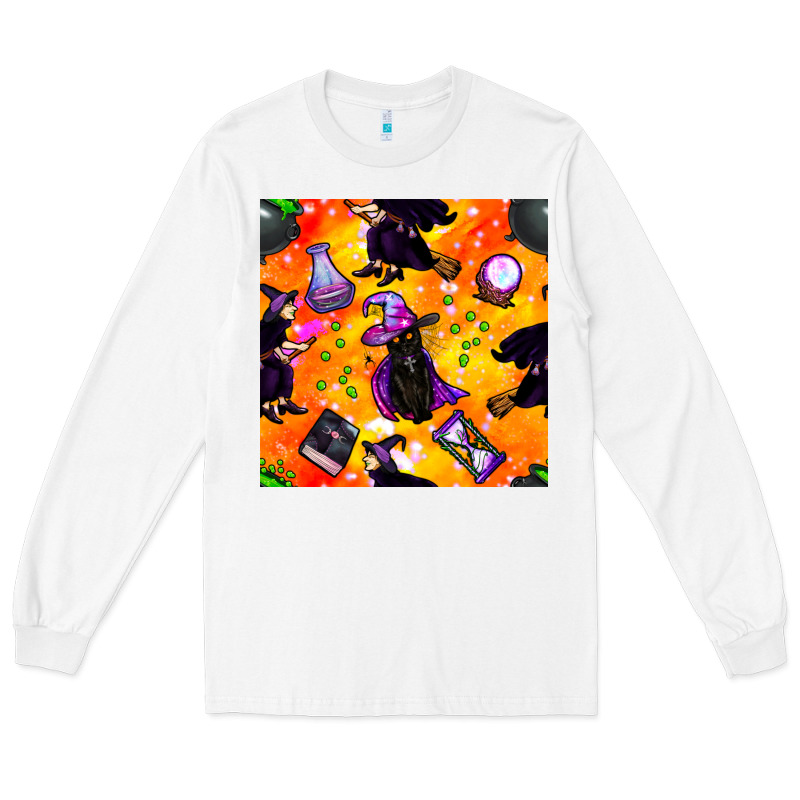 Halloween Cat And Witch Seamless Pattern Long Sleeve Tee by BundleAndBundleShop | Teevron