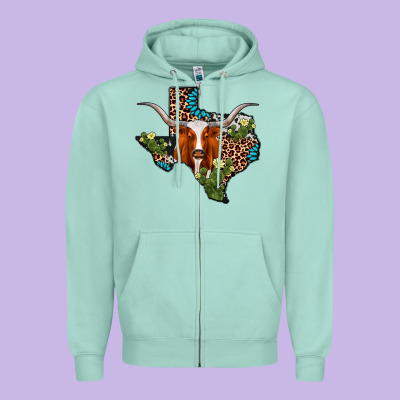 Longhorn Texas Map Zipper Hoodie Designed By Adodesignshop