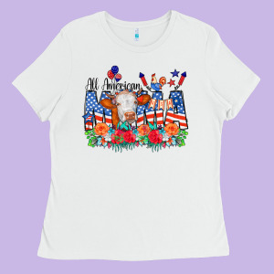 All American Mama Cow Flowers Ladies Tee Designed By Cowcowdesign