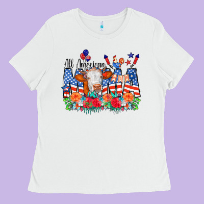 All American Mama Cow Flowers Ladies Tee Designed By Cowcowdesign