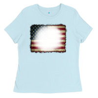 Baby Blue American Flag Bleach Effect Ladies Tee - CowCowDesign