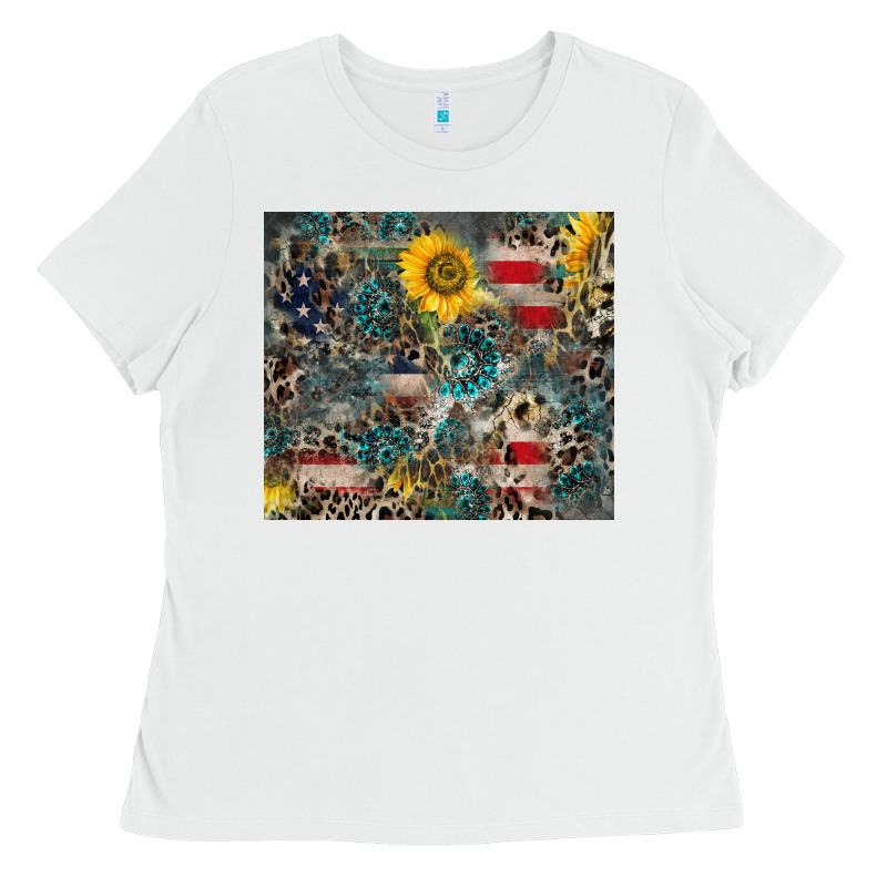 America Flag Leopard Gemstone Sunflower Ladies Tee by CowCowDesign | Teevron