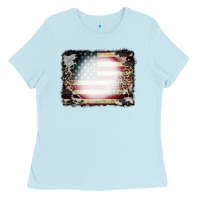 Baby Blue American Flag Cowhide Leopard Bleach Effect Ladies Tee - CowCowDesign