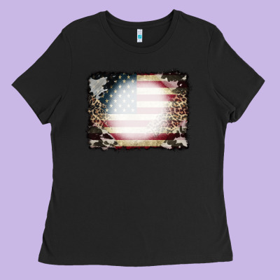 American Flag Cowhide Leopard Bleach Effect Ladies Tee Designed By Cowcowdesign