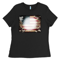 Black American Flag Cowhide Leopard Bleach Effect Ladies Tee - CowCowDesign