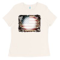 Bone American Flag Cowhide Leopard Bleach Effect Ladies Tee - CowCowDesign